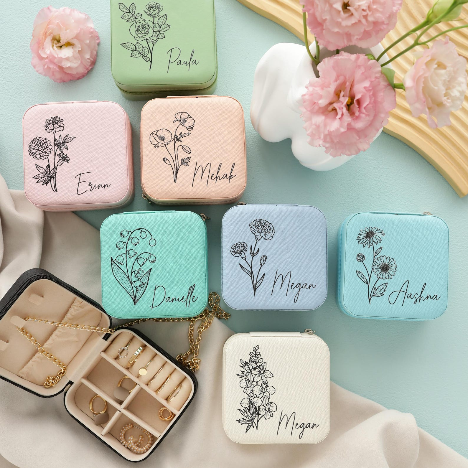 Custom Jewelry Box Personalized Name & Birth Month Flower – Bridesmaids Travel Jewelry Case Gift