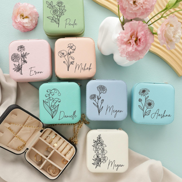 Custom Jewelry Box Personalized Name & Birth Month Flower – Bridesmaids Travel Jewelry Case Gift