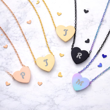 Custom Name Character Heart Necklace – Engraved Stainless Steel Initial Pendant (16x14mm)
