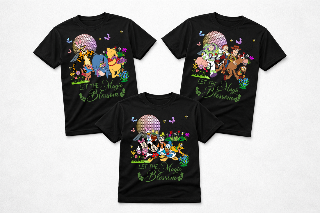 Let The Magic Blossom Spring Disney Characters Graphic T-Shirt – Floral Theme Park Inspired Tee