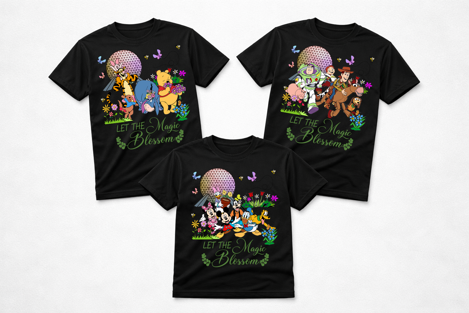 Let The Magic Blossom Spring Disney Characters Graphic T-Shirt – Floral Theme Park Inspired Tee