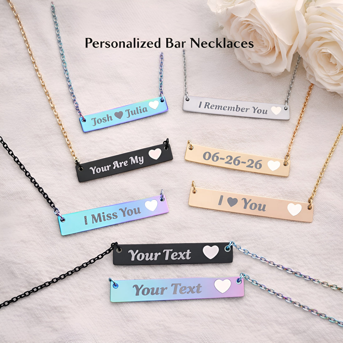 Personalized Cutout Heart Bar Necklace – Custom Engraved 316L Stainless Steel Name Necklace Gift for Her