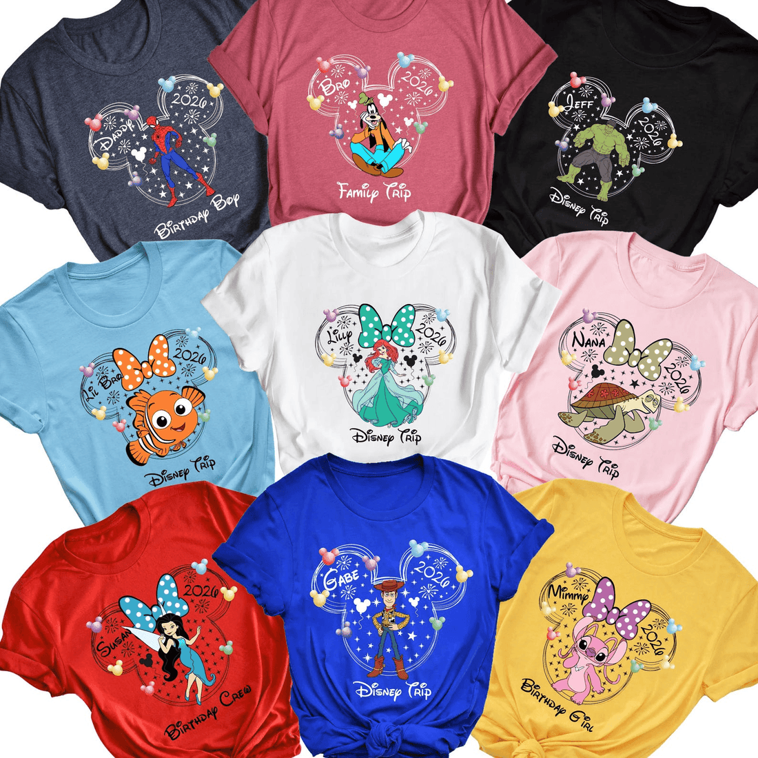 Personalized Disney All Character Shirt with Name & Year | Matching Disney Family Vacation Shirts for Kids & Adults