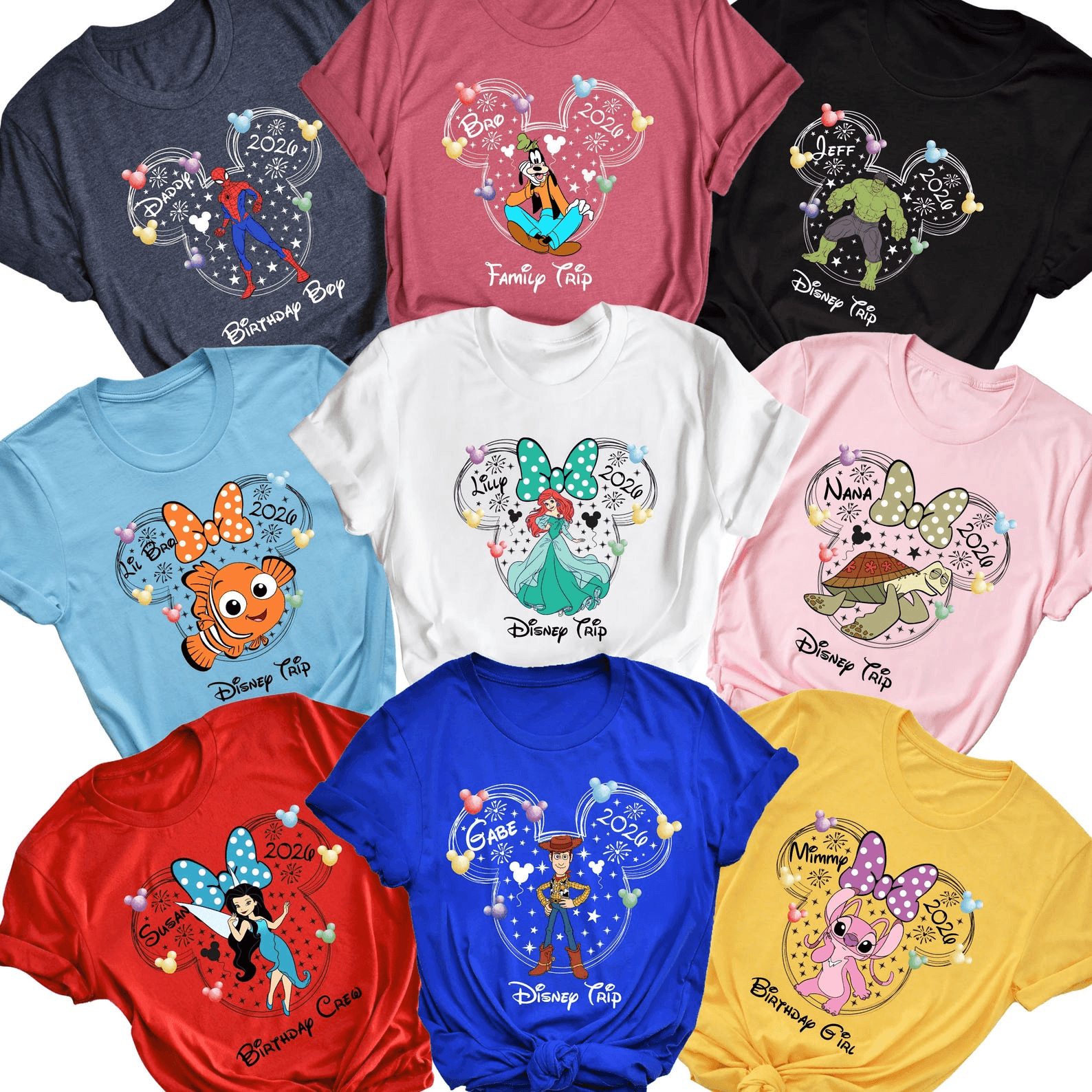 Personalized Disney All Character Shirt with Name & Year | Matching Disney Family Vacation Shirts for Kids & Adults