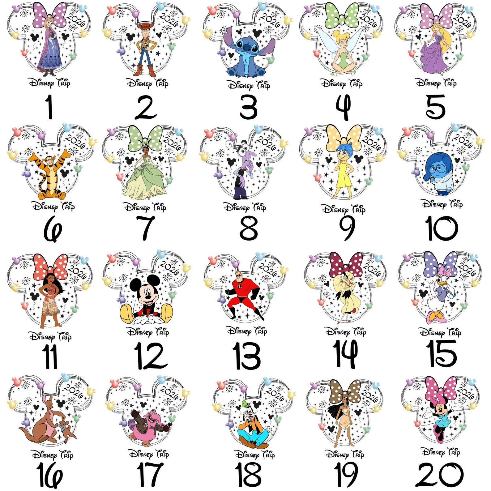 Custom Disney All Character shirt with personalized name and year for matching family vacation 2026