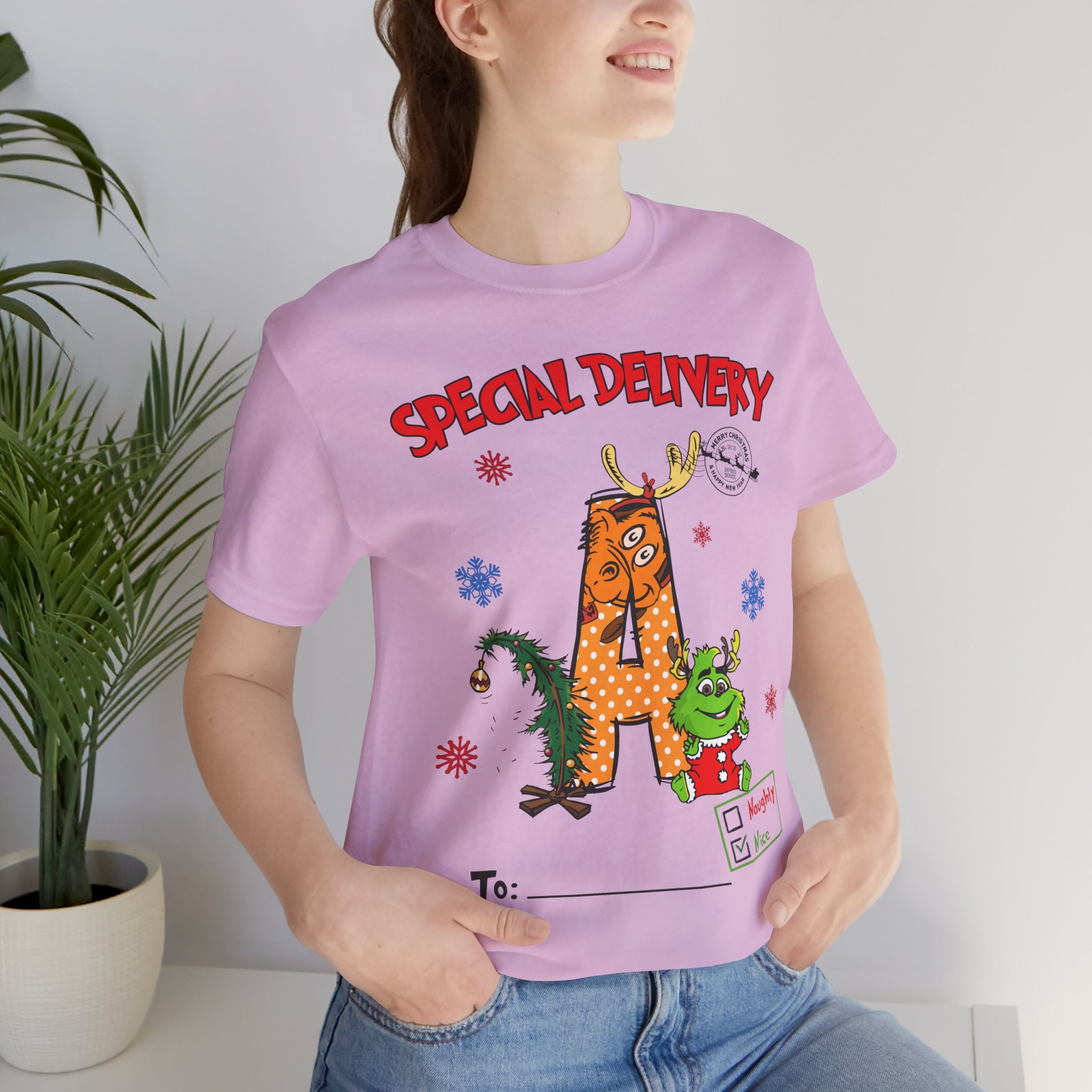 Special Delivery Christmas Letter Shirt – Personalized Name Tee, Custom Alphabet Xmas Gift, Naughty or Nice Check T-Shirt for Kids & Family