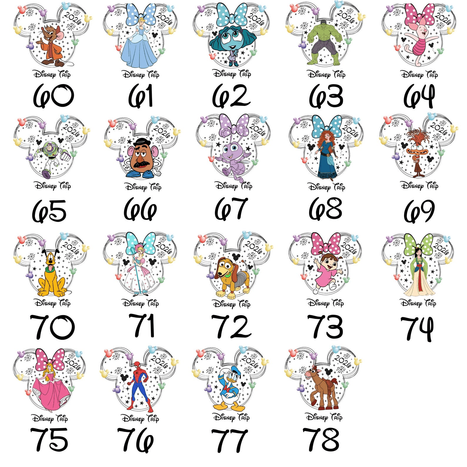 Custom Disney All Character T-shirt with name and year for Disney World vacation, family photos, and celebrations