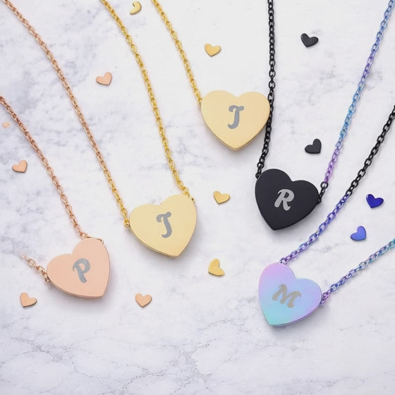 Custom Name Character Heart Necklace – Engraved Stainless Steel Initial Pendant (16x14mm)